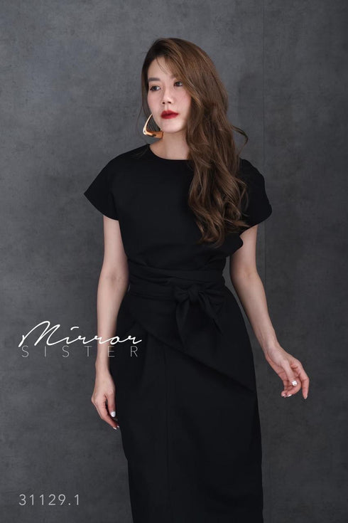 Women Classy Waist Tie Mid Length Back Slit Dresses